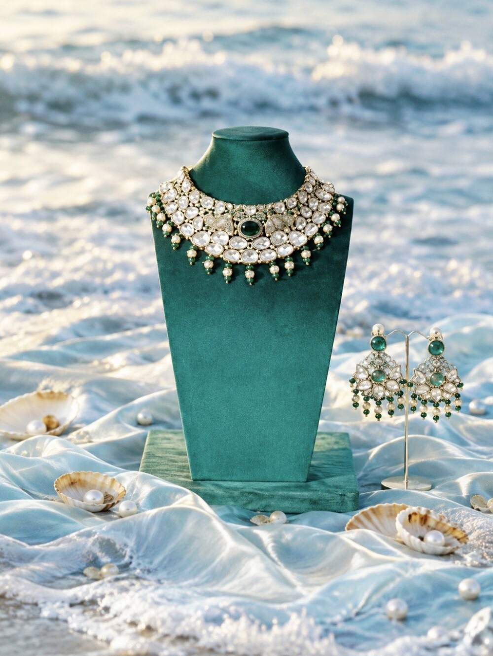 Green and Pearl Kundan-Inspired Choker Necklace with Matching Earrings